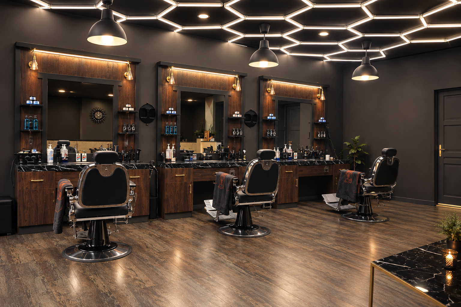 Guldsaxens salong i Helsingborg med barberstolar, speglar och varm belysning
